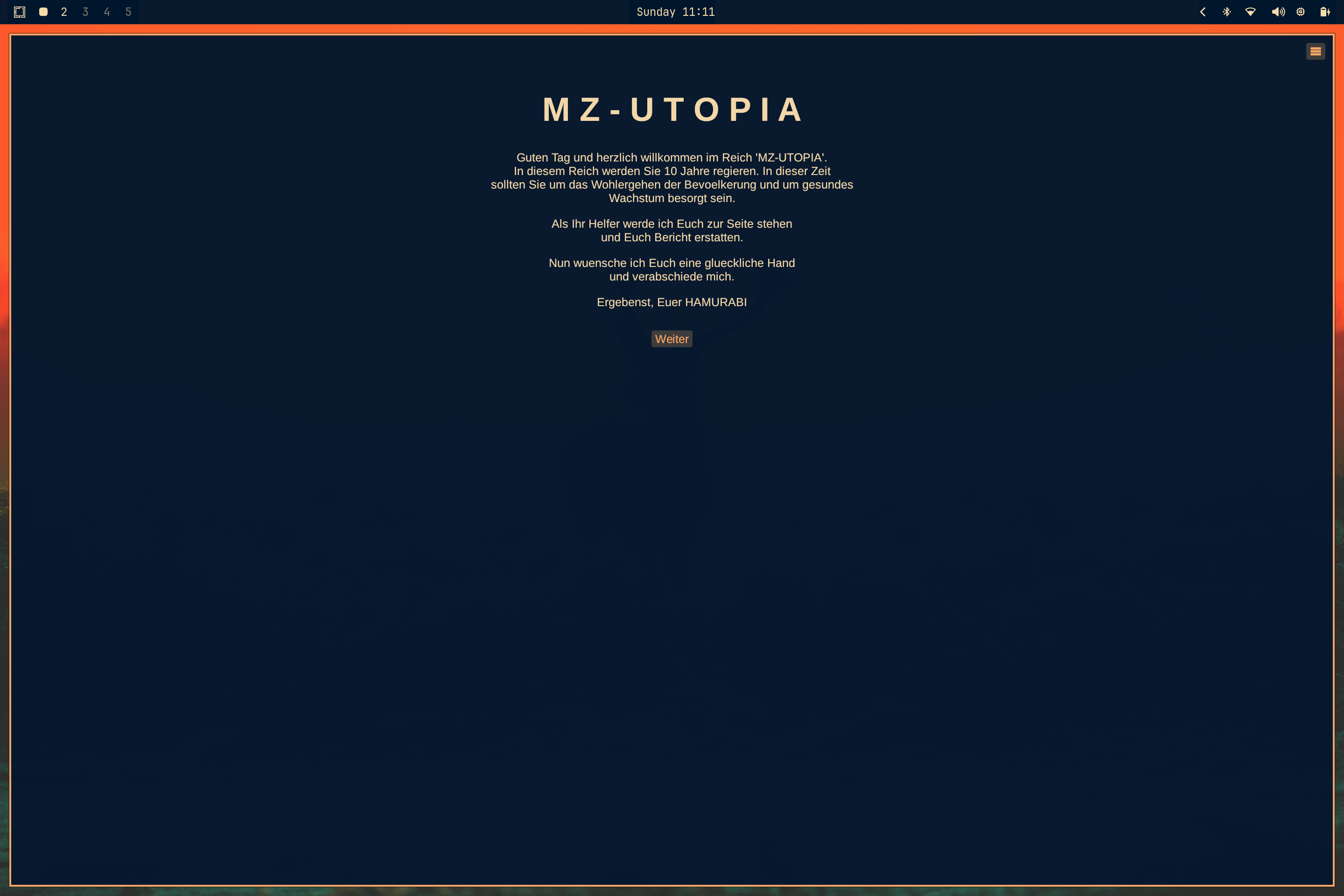 Screenshot des Intro-Bildschirms mit HAMURABI-Text