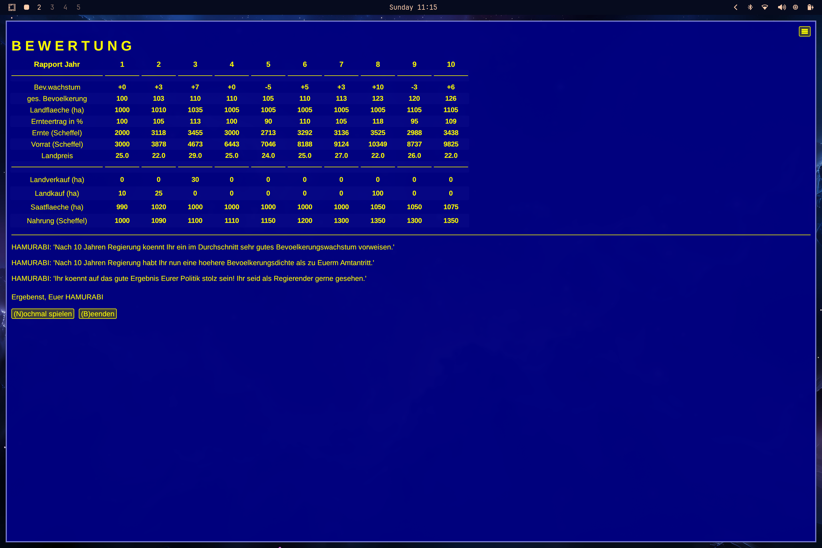 Screenshot der Auswertungsseite nach 10 Jahren