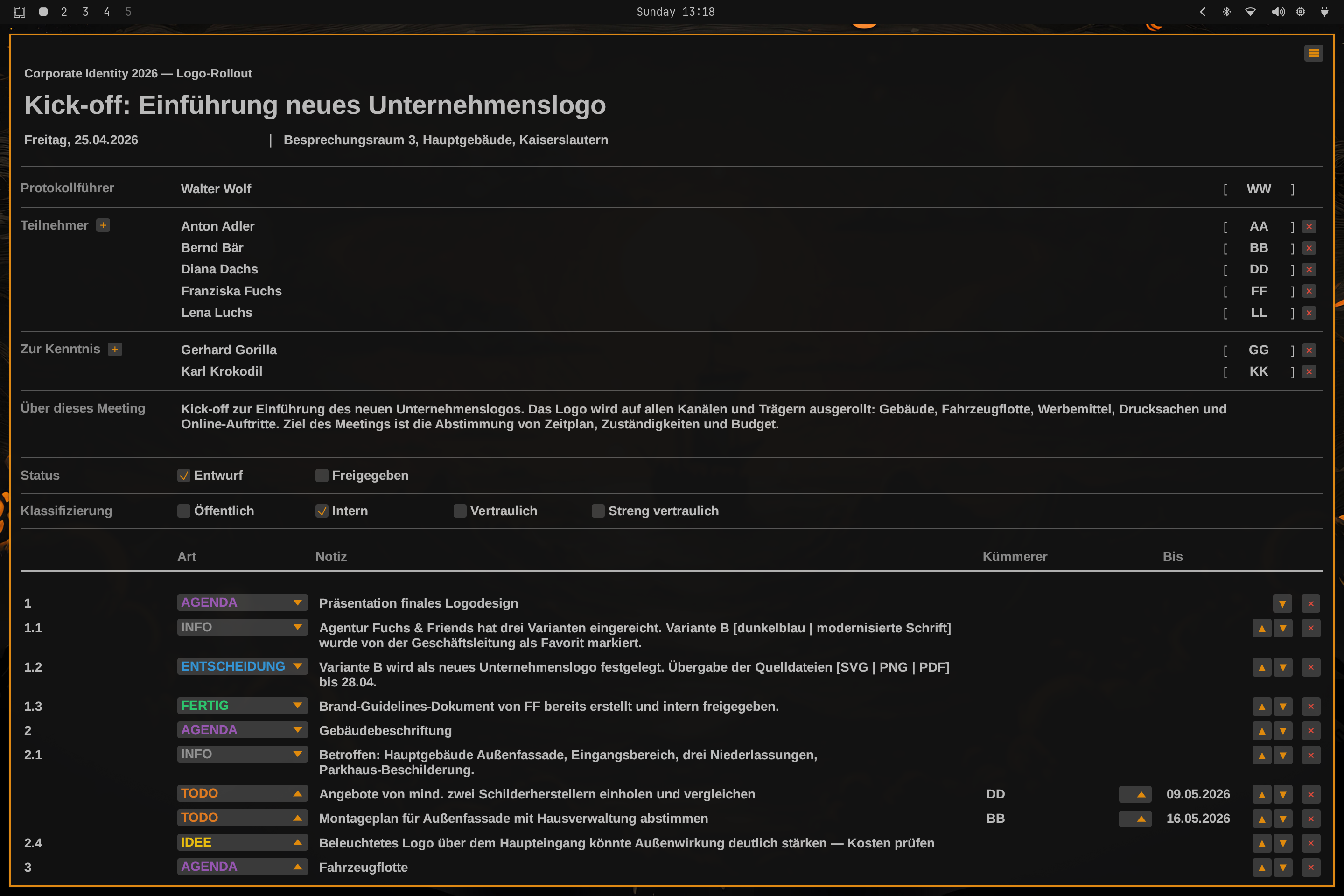 Hauptoberfläche von MZ-Protokoll mit Kopfdaten, Teilnehmerverwaltung und Eintrags-Tabelle