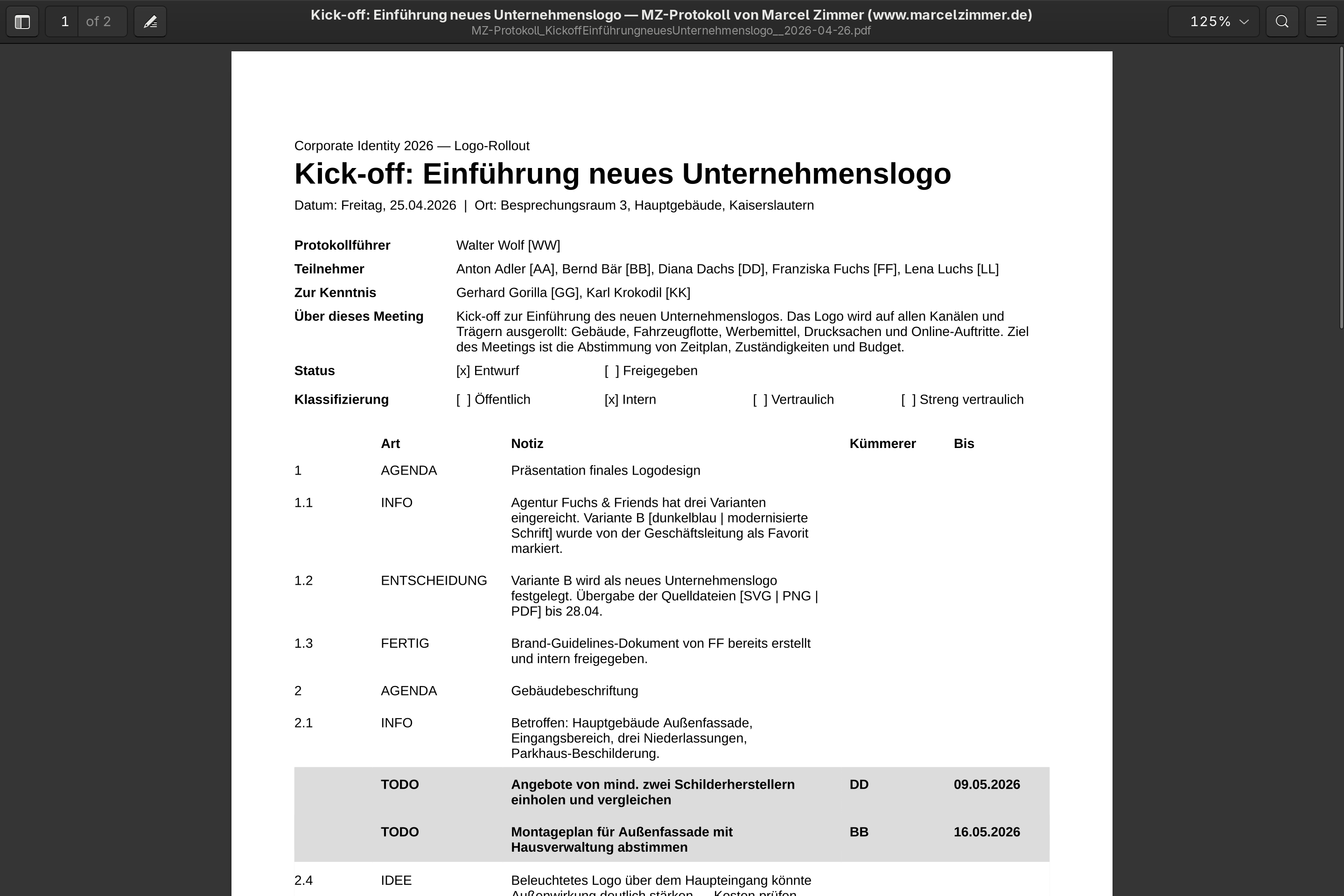 PDF-Export von MZ-Protokoll mit strukturierter Tabelle, Kopfdaten und Teilnehmerliste