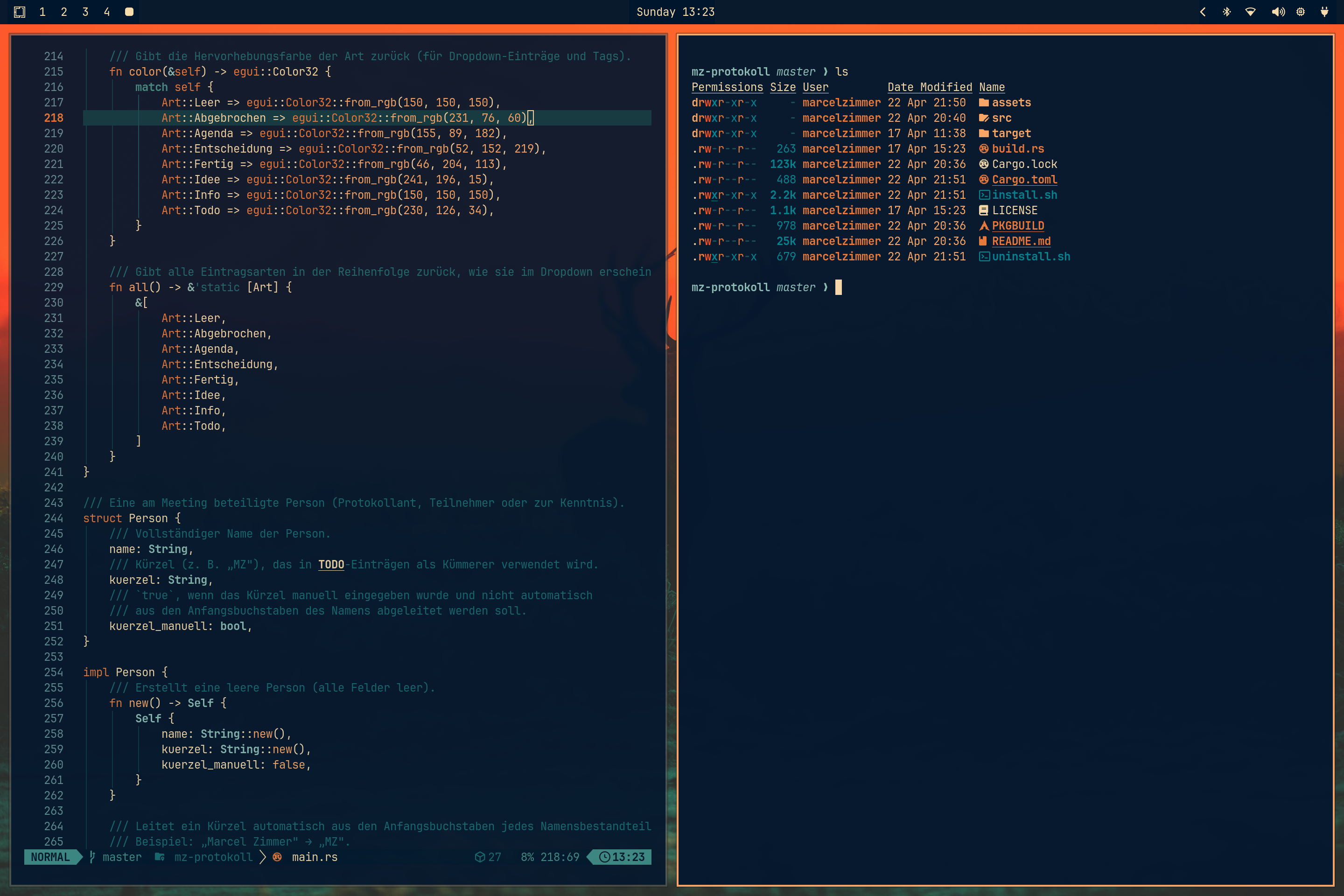 Entwicklungsumgebung mit MZ-Protokoll Quellcode in Neovim und Repository-Übersicht im Terminal